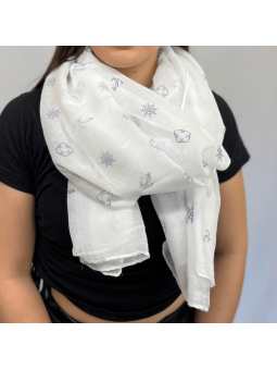 Écharpe Blanc Écru 180 cm Aux Motifs Imprimés Marin