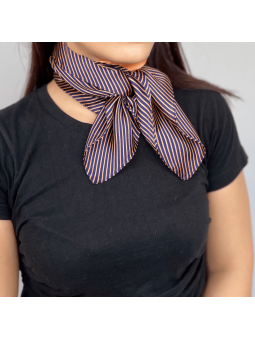 Foulard Carré 70 cm Orange Corail Bordé De Fines Rayures Bleu Roi