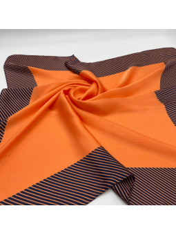 Foulard Carré 70 cm Orange Corail Bordé De Fines Rayures Bleu Roi