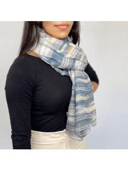 Écharpe 180 cm Bleu Nuit Rayé Avec Des Touche d'Orange