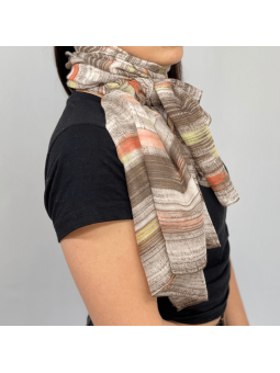 Écharpe 180 cm Gris Souris Rayé Avec Des Touche De Rose Orangé