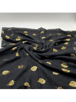 Écharpe Noir Intense 180 cm Aux Imprimés Délicats De Feuilles Dorées