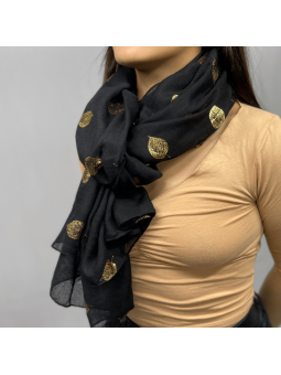 Écharpe Noir Intense 180 cm Aux Imprimés Délicats De Feuilles Dorées