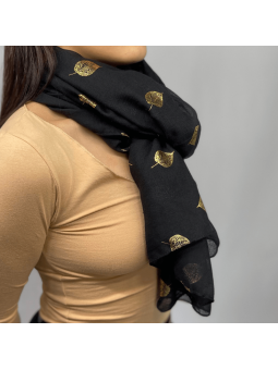 Écharpe Noir Intense 180 cm Aux Imprimés Délicats De Feuilles Dorées