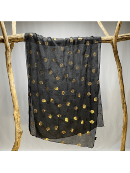 Écharpe Noir Intense 180 cm Aux Imprimés Délicats De Feuilles Dorées