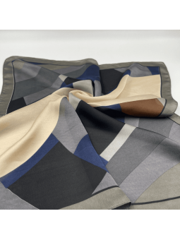 Foulard Carré 55 cm Bleu Chocolat et Beige cm Aux Délicats Motifs Abstraits