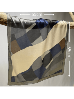 Foulard Carré 55 cm Bleu Chocolat et Beige cm Aux Délicats Motifs Abstraits