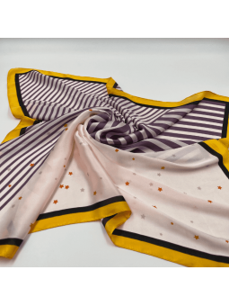 Foulard Carré 70 cm Violet, Jaune Et Noir Parsemer Finement de Petites Etoiles et De Fines Rayures
