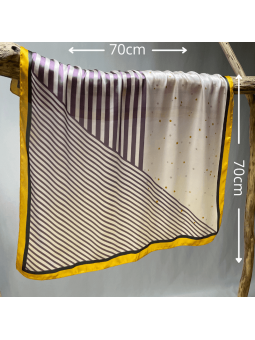 Foulard Carré 70 cm Violet, Jaune Et Noir Parsemer Finement de Petites Etoiles et De Fines Rayures