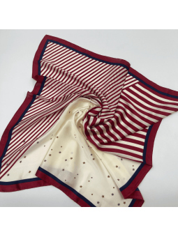 Foulard Carré 70 cm Bordeaux, Bleu et Crème Parsemer Finement de Petites Etoiles et De Fines Rayures