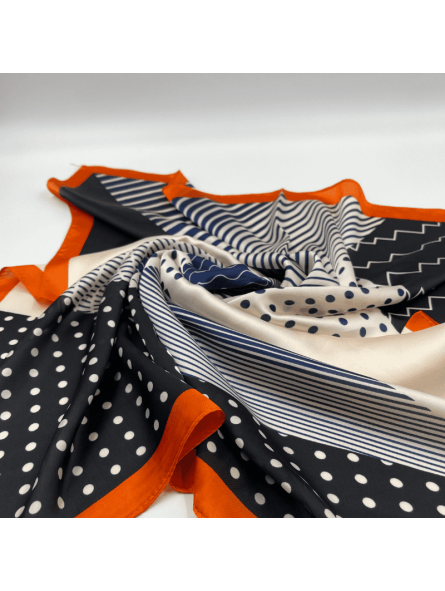 Foulard Carré 70 cm Orange, Noir Et Bleu Aux Motifs Géométriques Abstrait