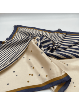 Foulard Carré 70 cm Bleu Roi, Doré et Crème Parsemer Finement de Petites Etoiles et De Fines Rayures