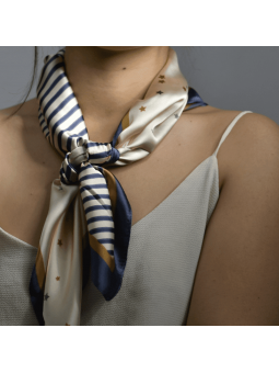 Foulard Carré 70 cm Bleu Roi, Doré et Crème Parsemer Finement de Petites Etoiles et De Fines Rayures