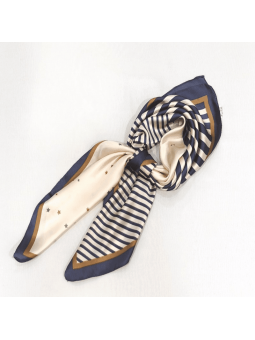 Foulard Carré 70 cm Bleu Roi, Doré et Crème Parsemer Finement de Petites Etoiles et De Fines Rayures