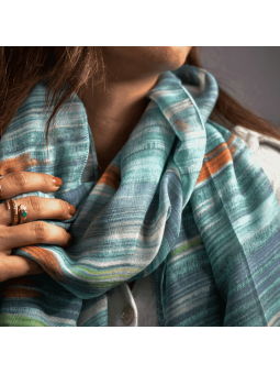 Écharpe 180 cm Bleu Turquoise Rayé Avec Des Touche d'Orange