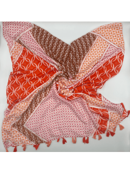 Écharpe Rose Orangé 180 cm Aux Motifs Fleuries Et Ses Petits Pompons